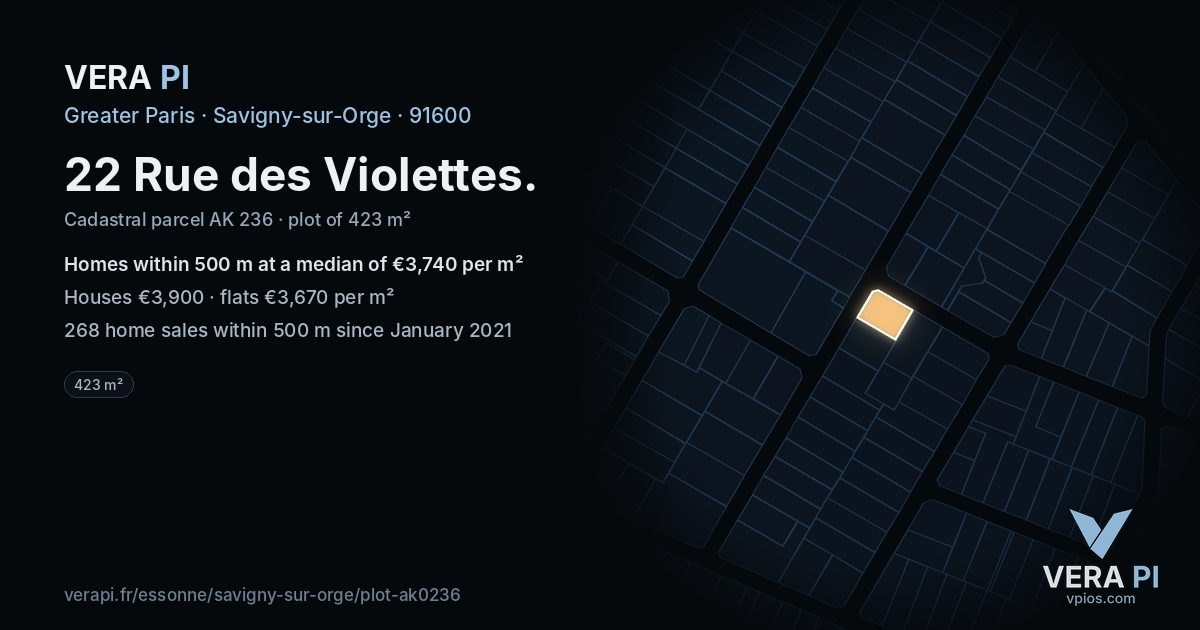 22 Rue des Violettes, Savigny-sur-Orge at night – the plot lit, the parcels around coloured by the prices near them