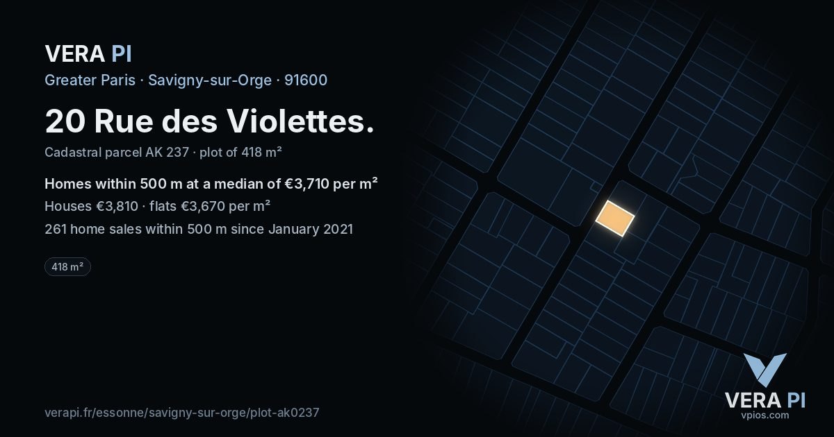 20 Rue des Violettes, Savigny-sur-Orge at night – the plot lit, the parcels around coloured by the prices near them