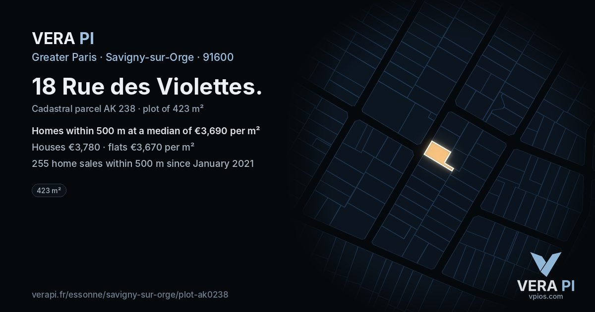 18 Rue des Violettes, Savigny-sur-Orge at night – the plot lit, the parcels around coloured by the prices near them