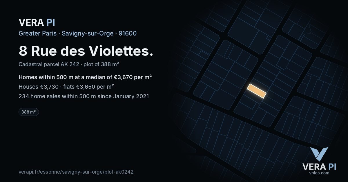 8 Rue des Violettes, Savigny-sur-Orge at night – the plot lit, the parcels around coloured by the prices near them