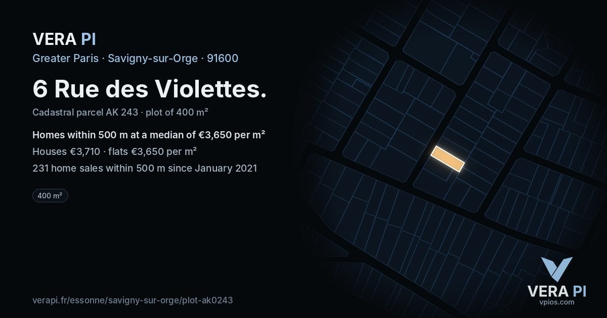 6 Rue des Violettes, Savigny-sur-Orge at night – the plot lit, the parcels around coloured by the prices near them