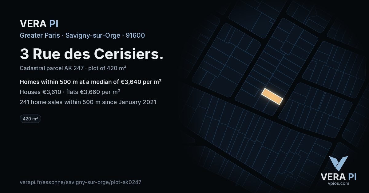 3 Rue des Cerisiers, Savigny-sur-Orge at night – the plot lit, the parcels around coloured by the prices near them