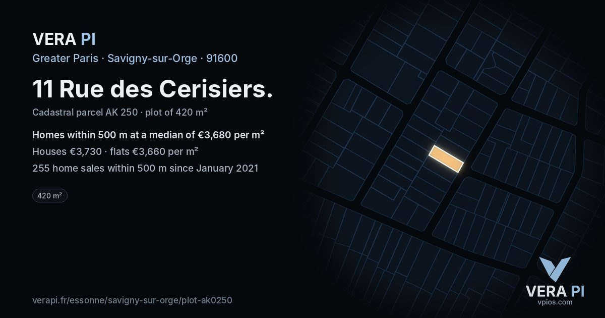 11 Rue des Cerisiers, Savigny-sur-Orge at night – the plot lit, the parcels around coloured by the prices near them