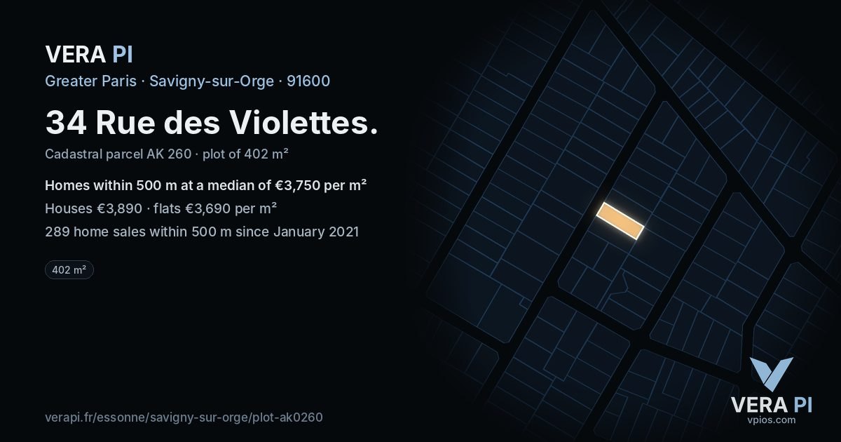 34 Rue des Violettes, Savigny-sur-Orge at night – the plot lit, the parcels around coloured by the prices near them