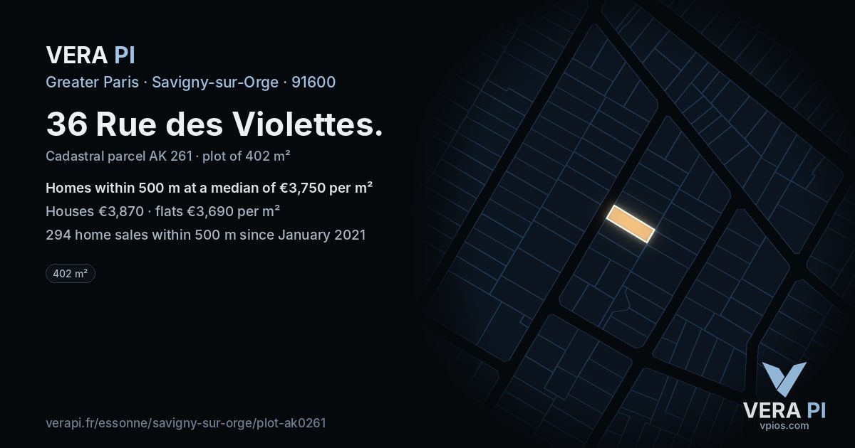 36 Rue des Violettes, Savigny-sur-Orge at night – the plot lit, the parcels around coloured by the prices near them