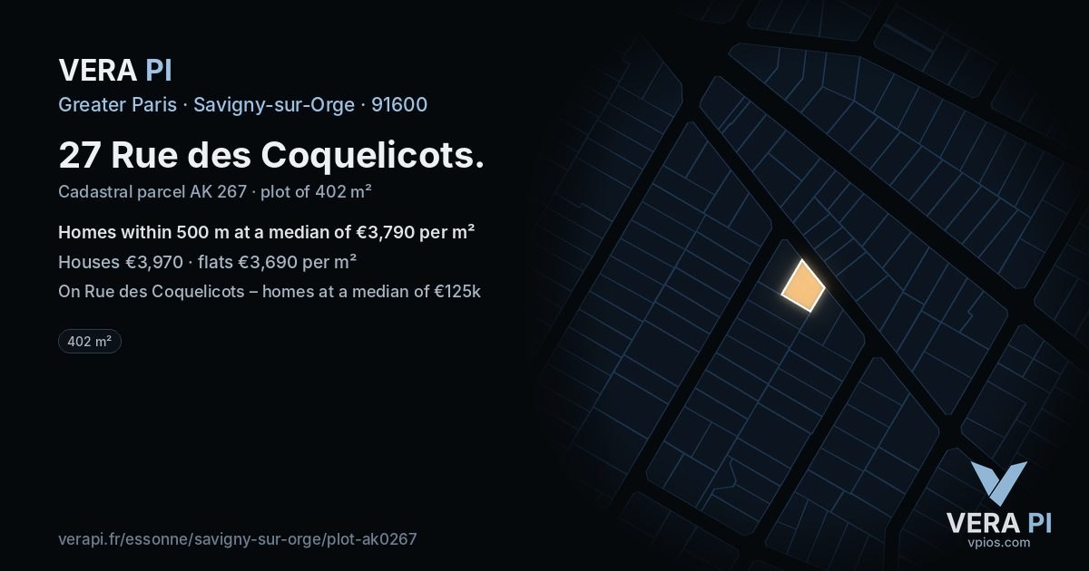 27 Rue des Coquelicots, Savigny-sur-Orge at night – the plot lit, the parcels around coloured by the prices near them