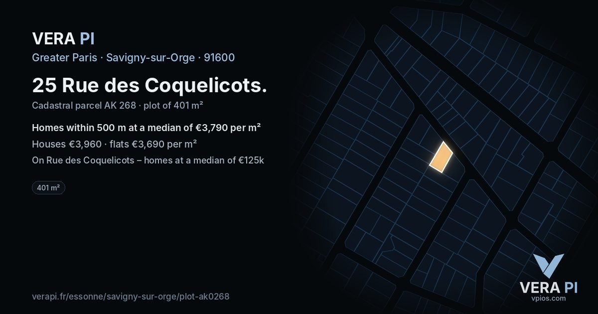 25 Rue des Coquelicots, Savigny-sur-Orge at night – the plot lit, the parcels around coloured by the prices near them