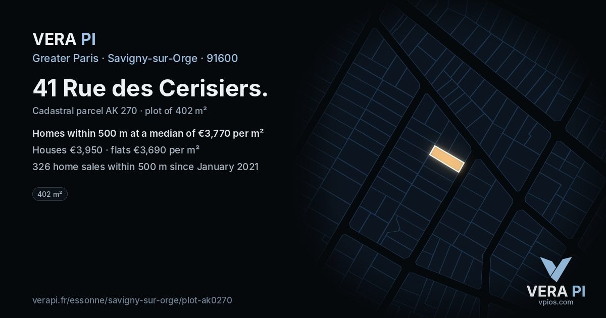 41 Rue des Cerisiers, Savigny-sur-Orge at night – the plot lit, the parcels around coloured by the prices near them