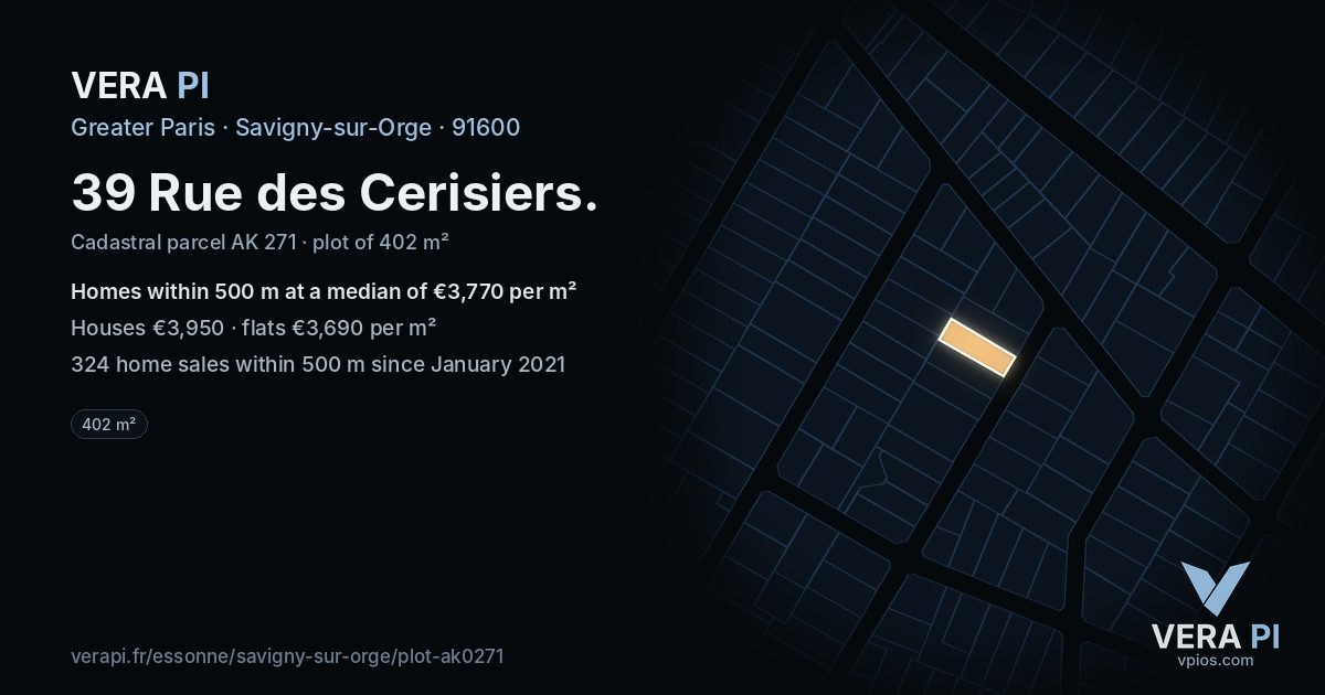 39 Rue des Cerisiers, Savigny-sur-Orge at night – the plot lit, the parcels around coloured by the prices near them