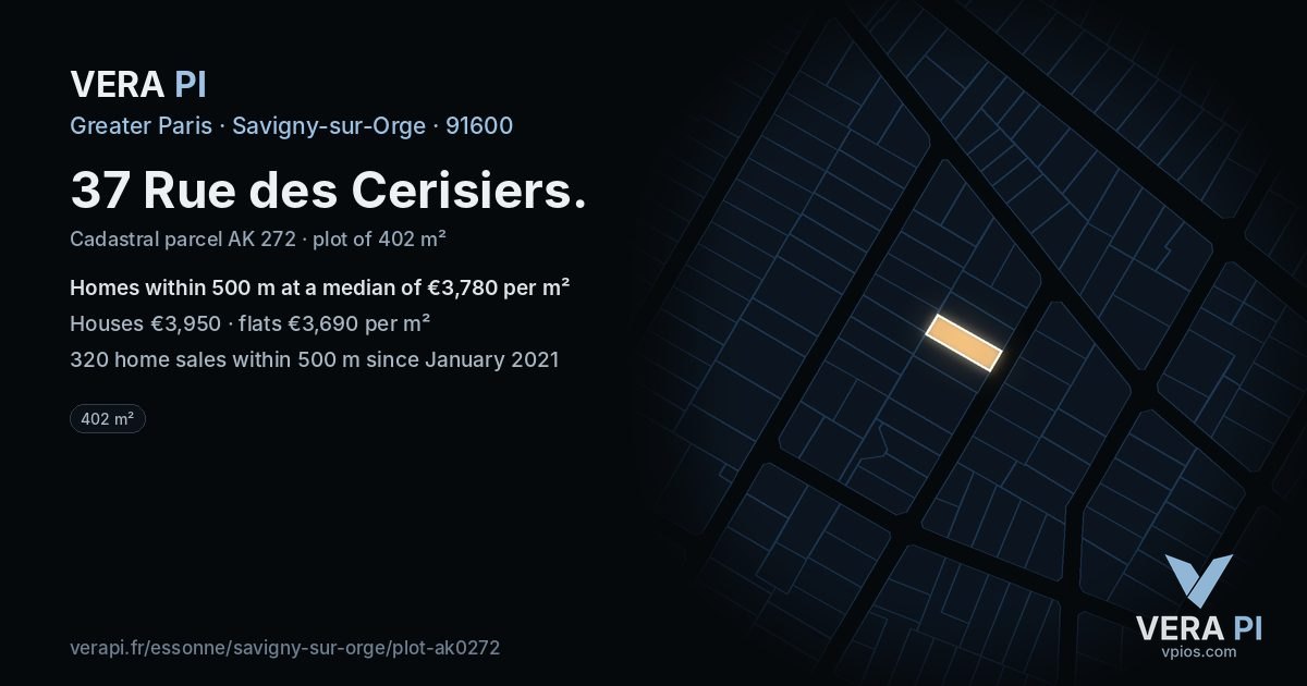 37 Rue des Cerisiers, Savigny-sur-Orge at night – the plot lit, the parcels around coloured by the prices near them