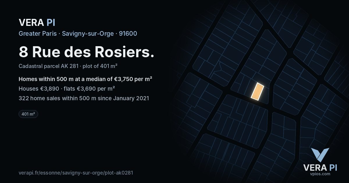 8 Rue des Rosiers, Savigny-sur-Orge at night – the plot lit, the parcels around coloured by the prices near them