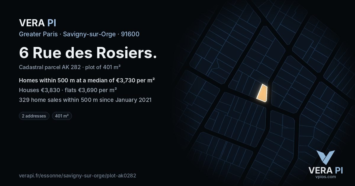 6 Rue des Rosiers, Savigny-sur-Orge at night – the plot lit, the parcels around coloured by the prices near them