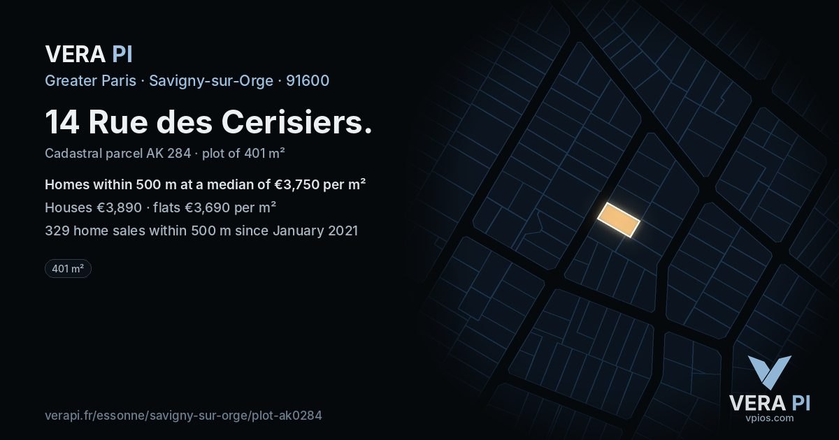 14 Rue des Cerisiers, Savigny-sur-Orge at night – the plot lit, the parcels around coloured by the prices near them