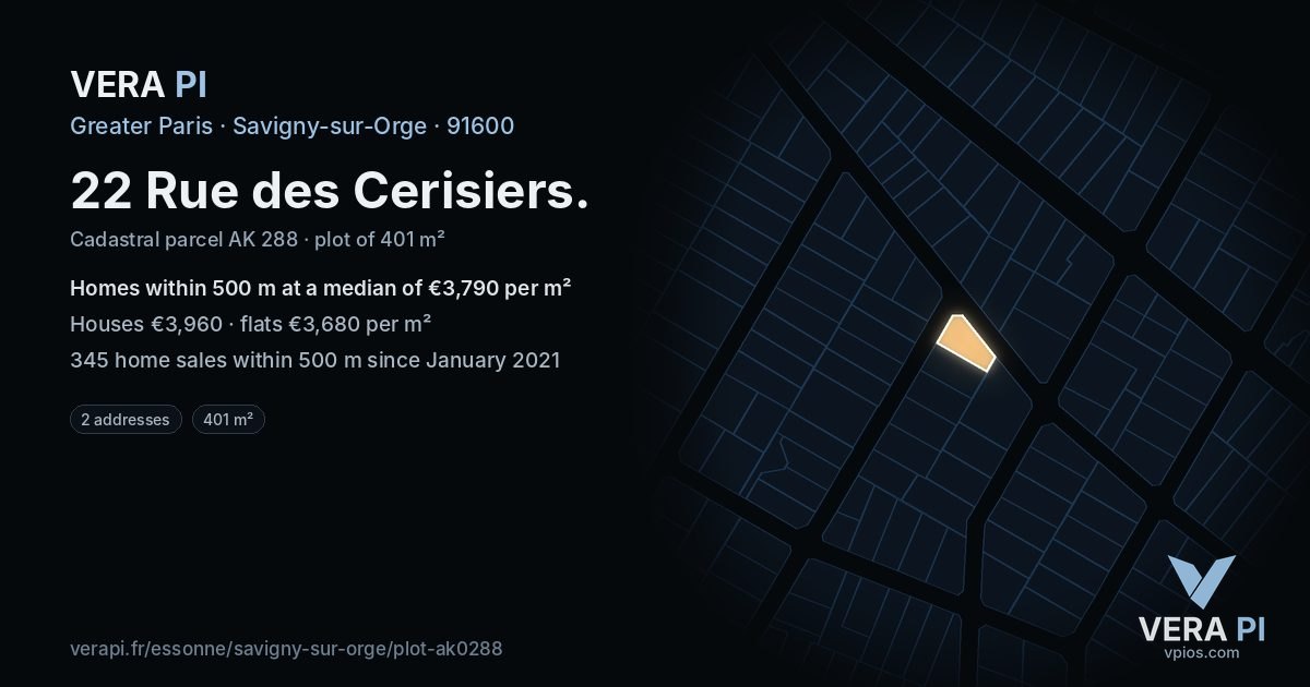 22 Rue des Cerisiers, Savigny-sur-Orge at night – the plot lit, the parcels around coloured by the prices near them