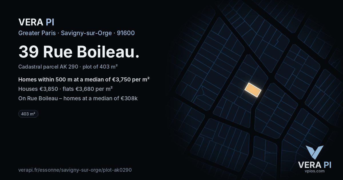 39 Rue Boileau, Savigny-sur-Orge at night – the plot lit, the parcels around coloured by the prices near them