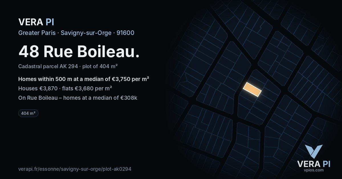 48 Rue Boileau, Savigny-sur-Orge at night – the plot lit, the parcels around coloured by the prices near them