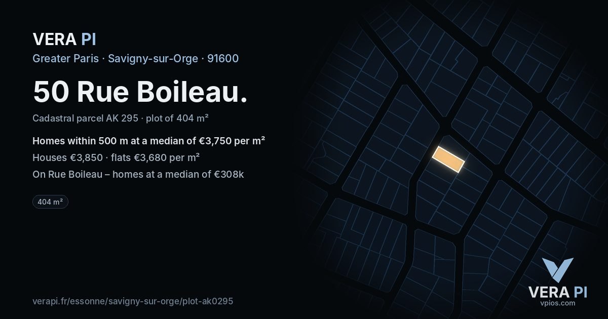 50 Rue Boileau, Savigny-sur-Orge at night – the plot lit, the parcels around coloured by the prices near them