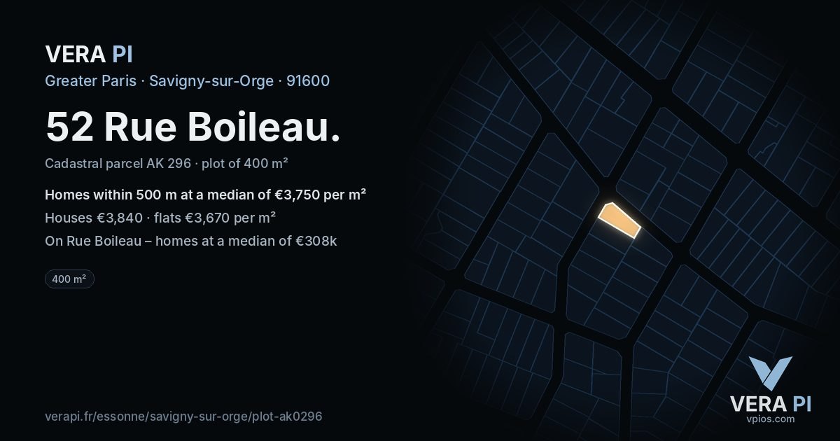 52 Rue Boileau, Savigny-sur-Orge at night – the plot lit, the parcels around coloured by the prices near them