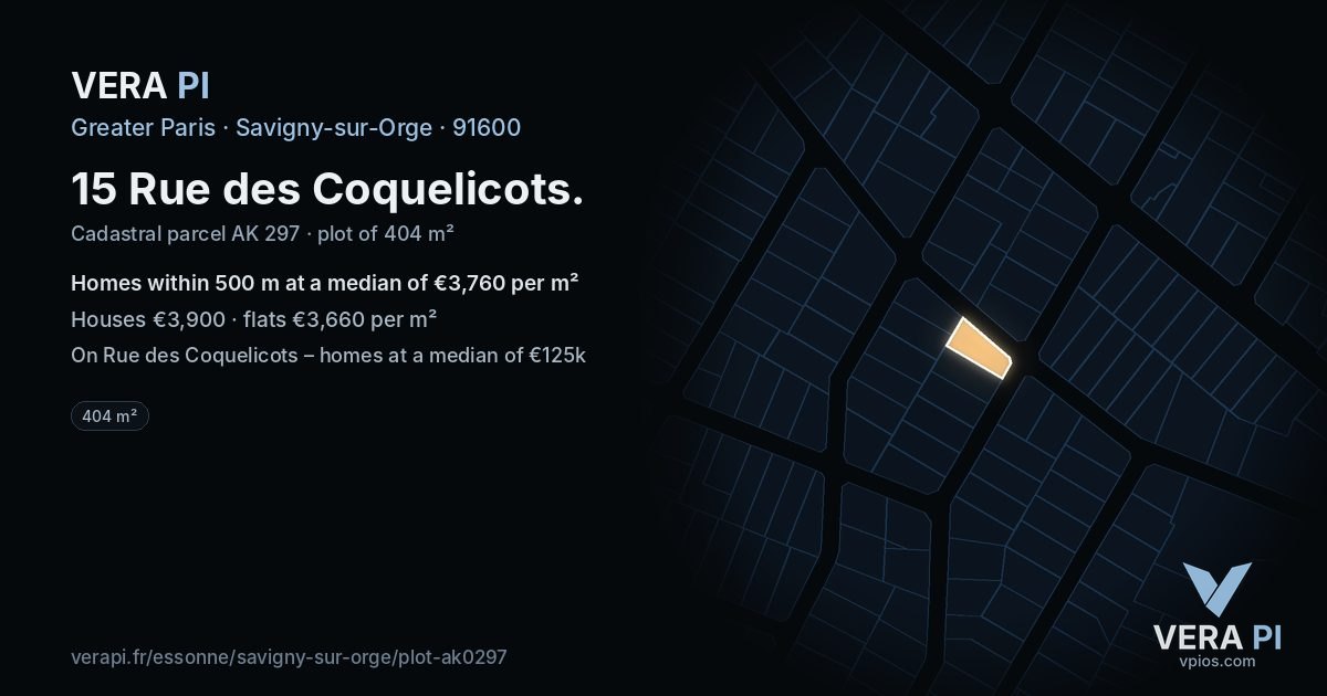 15 Rue des Coquelicots, Savigny-sur-Orge at night – the plot lit, the parcels around coloured by the prices near them