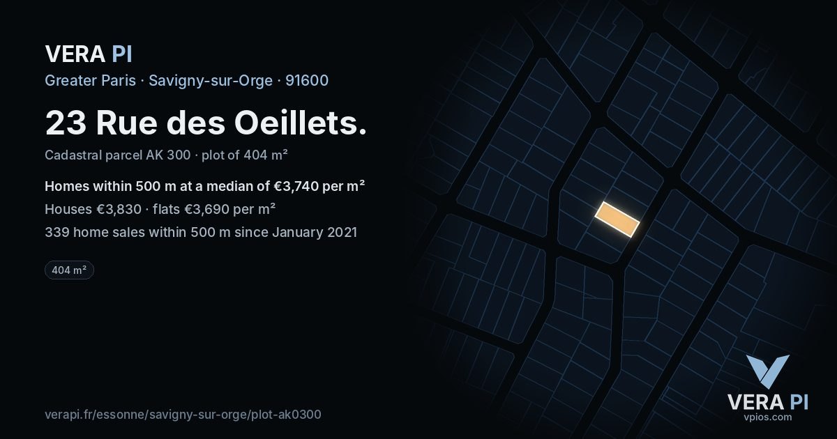 23 Rue des Oeillets, Savigny-sur-Orge at night – the plot lit, the parcels around coloured by the prices near them