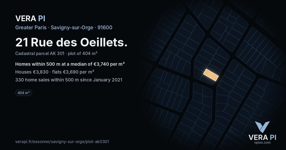 21 Rue des Oeillets, Savigny-sur-Orge at night – the plot lit, the parcels around coloured by the prices near them