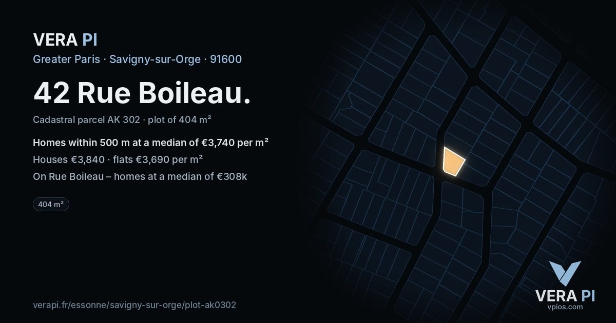 42 Rue Boileau, Savigny-sur-Orge at night – the plot lit, the parcels around coloured by the prices near them