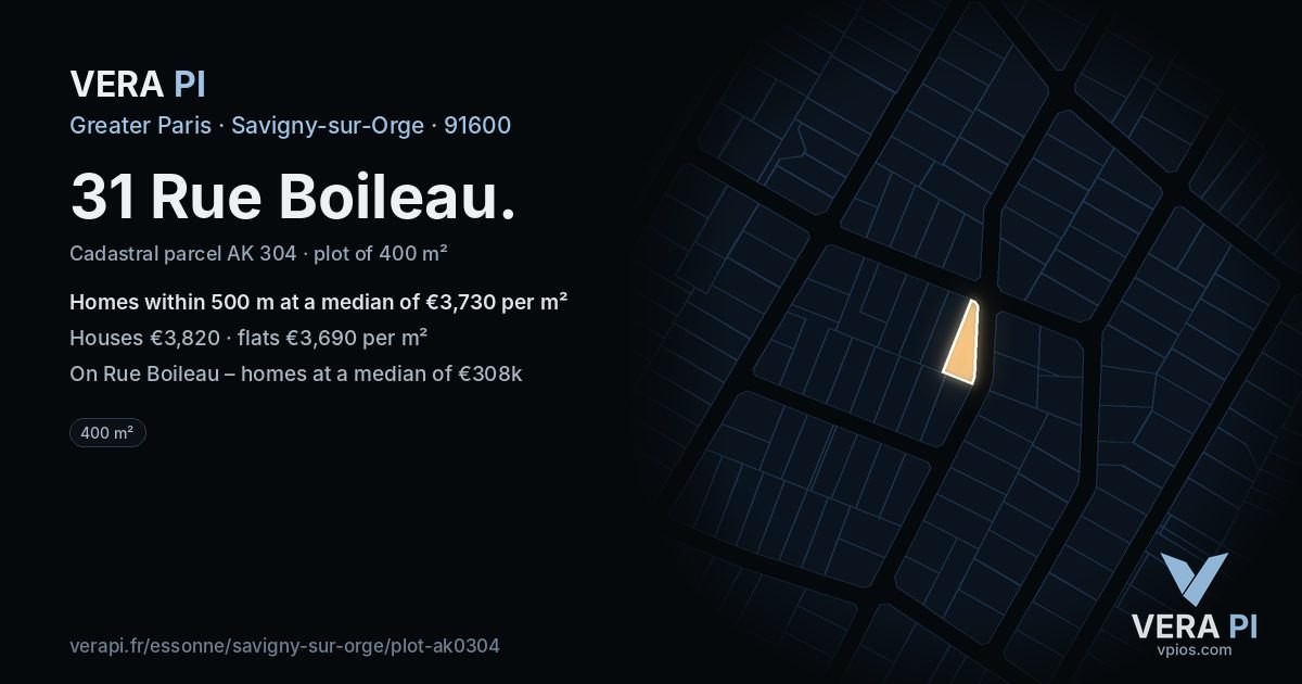 31 Rue Boileau, Savigny-sur-Orge at night – the plot lit, the parcels around coloured by the prices near them