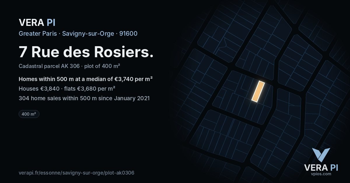 7 Rue des Rosiers, Savigny-sur-Orge at night – the plot lit, the parcels around coloured by the prices near them