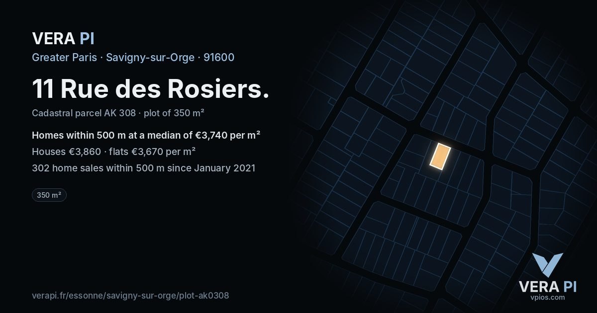 11 Rue des Rosiers, Savigny-sur-Orge at night – the plot lit, the parcels around coloured by the prices near them
