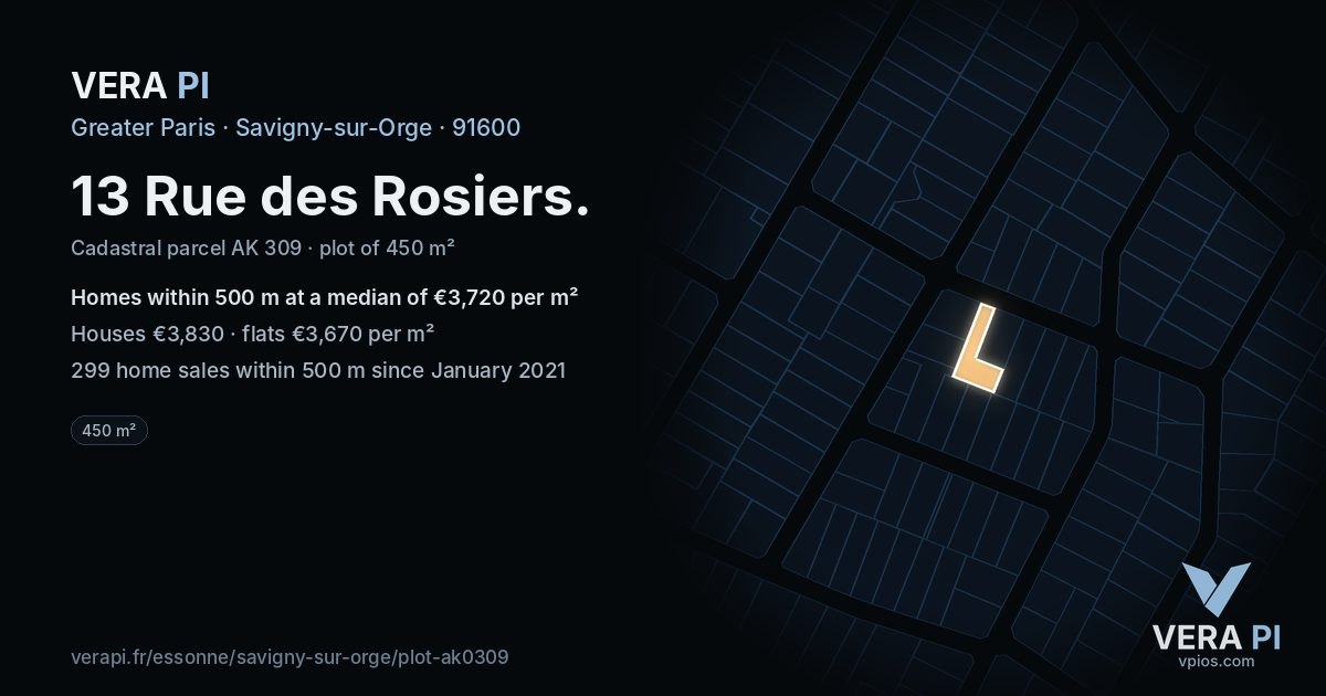 13 Rue des Rosiers, Savigny-sur-Orge at night – the plot lit, the parcels around coloured by the prices near them