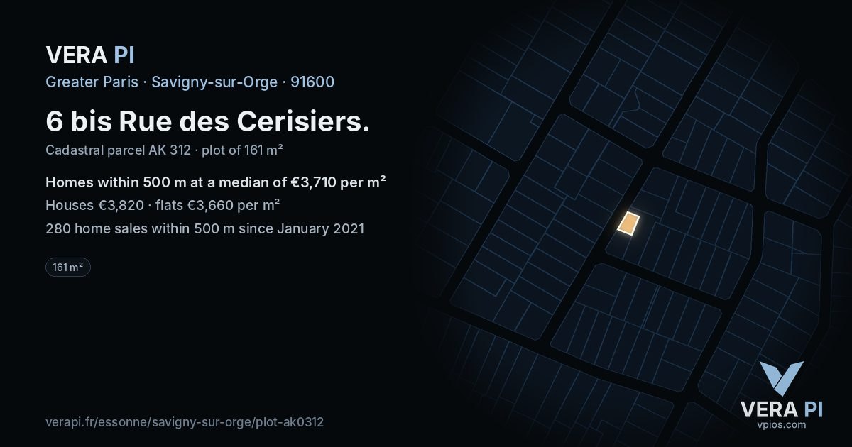6 bis Rue des Cerisiers, Savigny-sur-Orge at night – the plot lit, the parcels around coloured by the prices near them