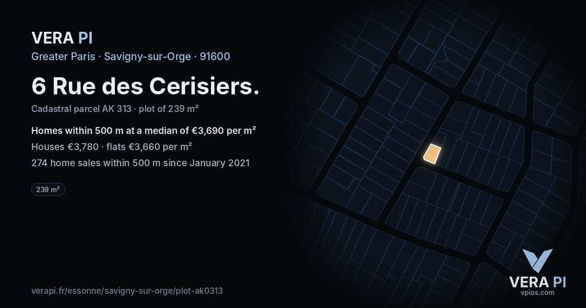 6 Rue des Cerisiers, Savigny-sur-Orge at night – the plot lit, the parcels around coloured by the prices near them
