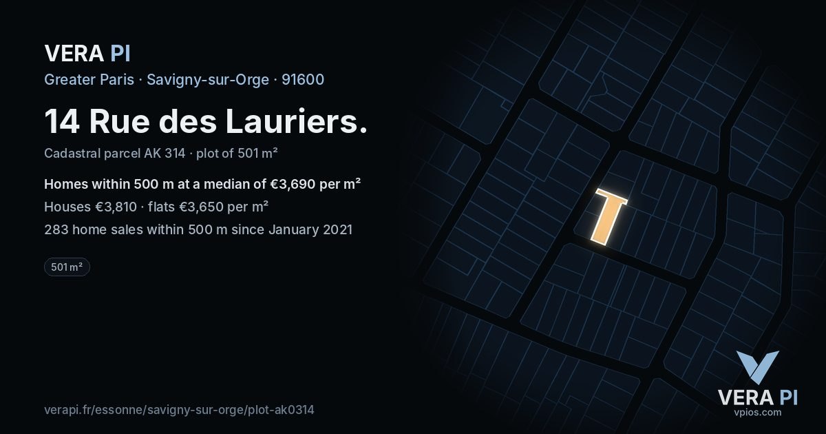 14 Rue des Lauriers, Savigny-sur-Orge at night – the plot lit, the parcels around coloured by the prices near them