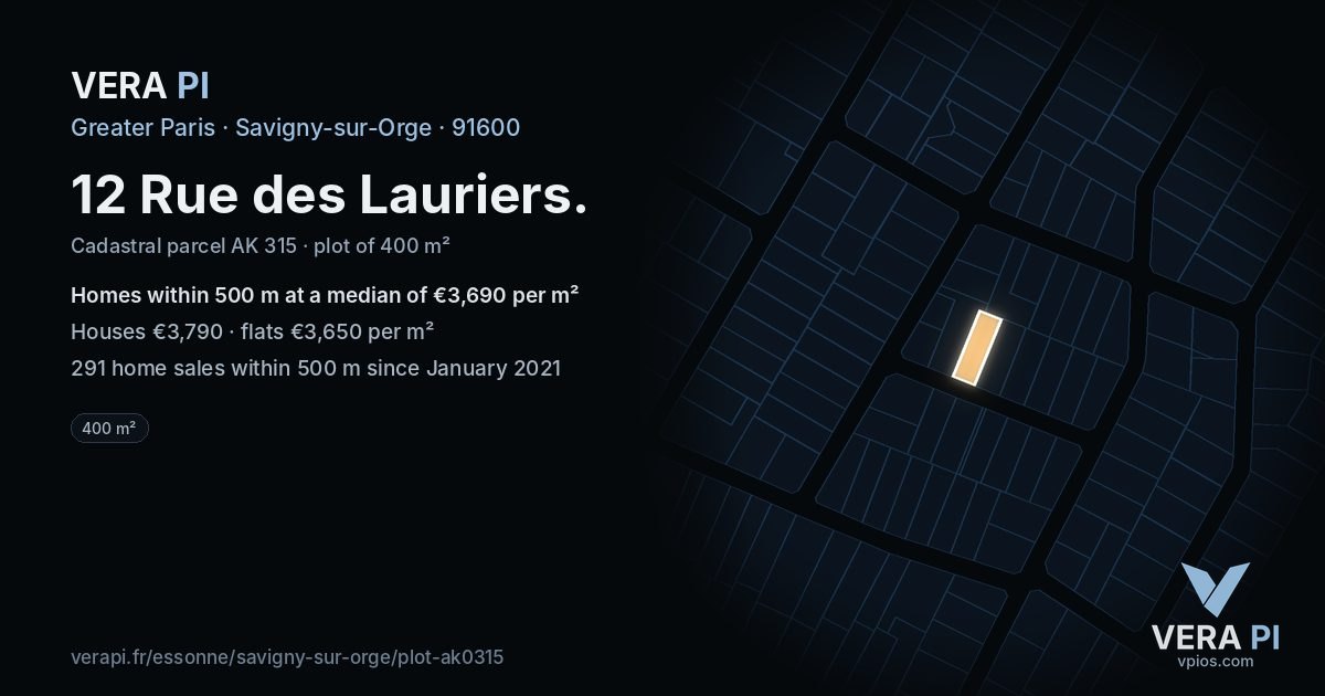 12 Rue des Lauriers, Savigny-sur-Orge at night – the plot lit, the parcels around coloured by the prices near them
