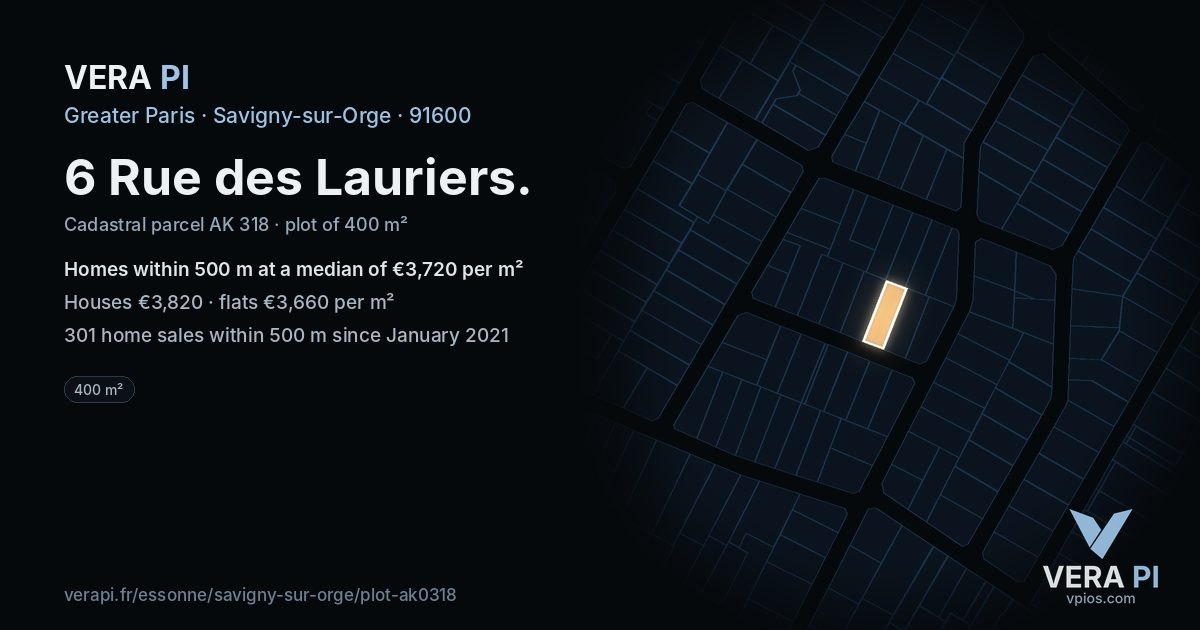 6 Rue des Lauriers, Savigny-sur-Orge at night – the plot lit, the parcels around coloured by the prices near them