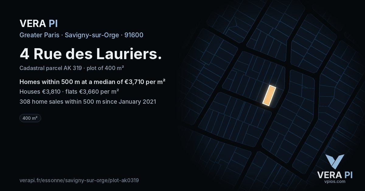 4 Rue des Lauriers, Savigny-sur-Orge at night – the plot lit, the parcels around coloured by the prices near them