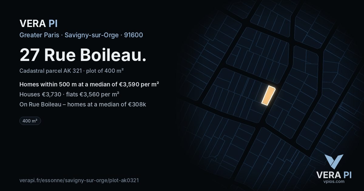 27 Rue Boileau, Savigny-sur-Orge at night – the plot lit, the parcels around coloured by the prices near them