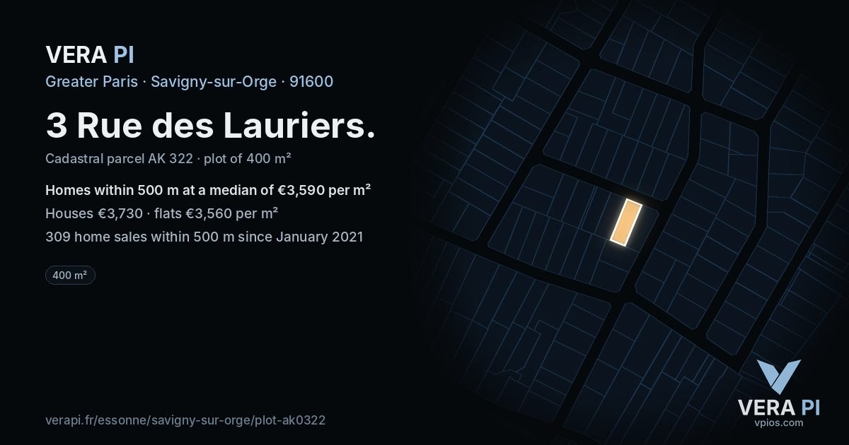 3 Rue des Lauriers, Savigny-sur-Orge at night – the plot lit, the parcels around coloured by the prices near them