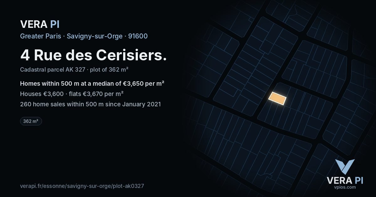 4 Rue des Cerisiers, Savigny-sur-Orge at night – the plot lit, the parcels around coloured by the prices near them