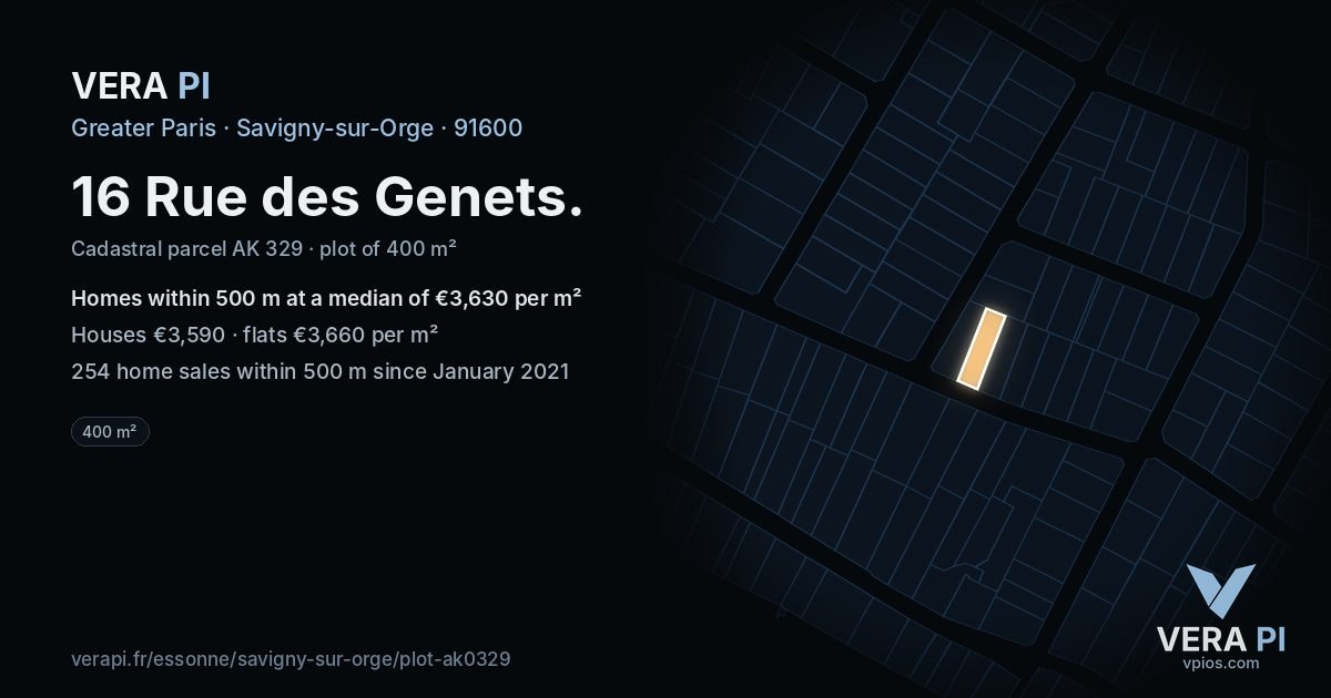 16 Rue des Genets, Savigny-sur-Orge at night – the plot lit, the parcels around coloured by the prices near them