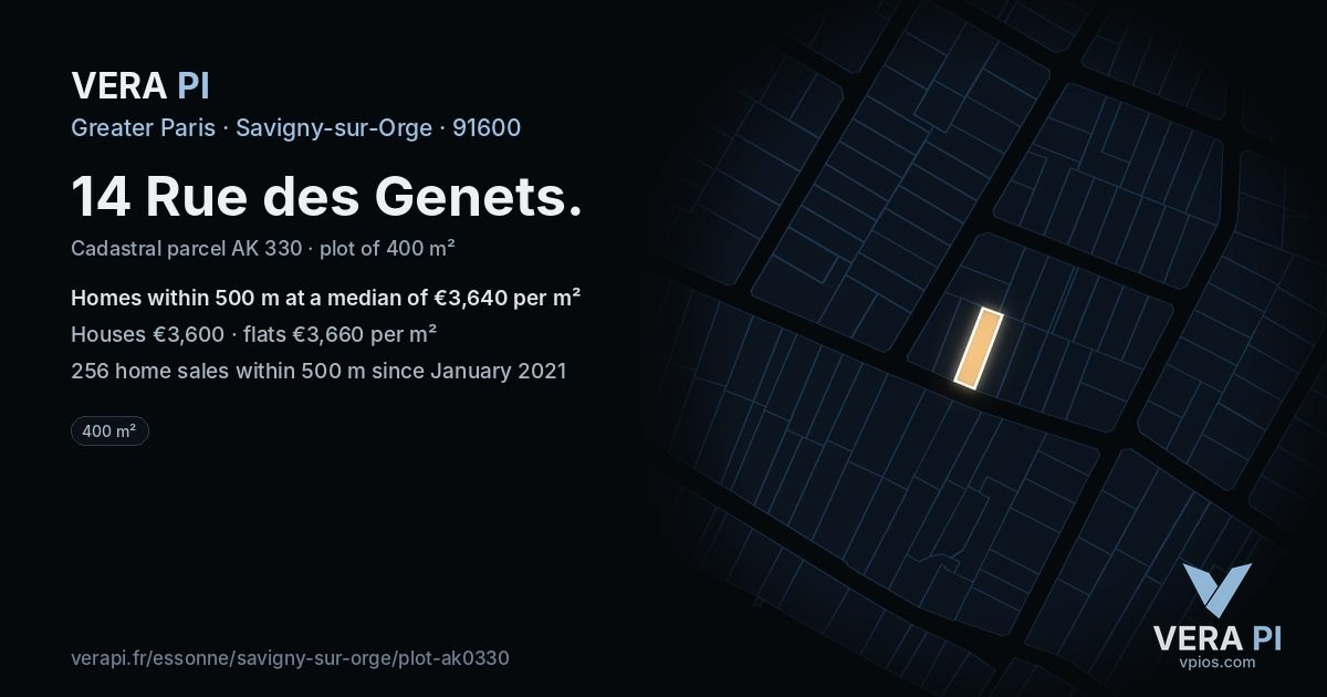 14 Rue des Genets, Savigny-sur-Orge at night – the plot lit, the parcels around coloured by the prices near them