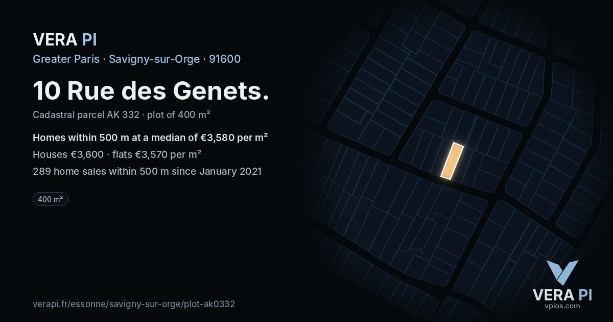10 Rue des Genets, Savigny-sur-Orge at night – the plot lit, the parcels around coloured by the prices near them