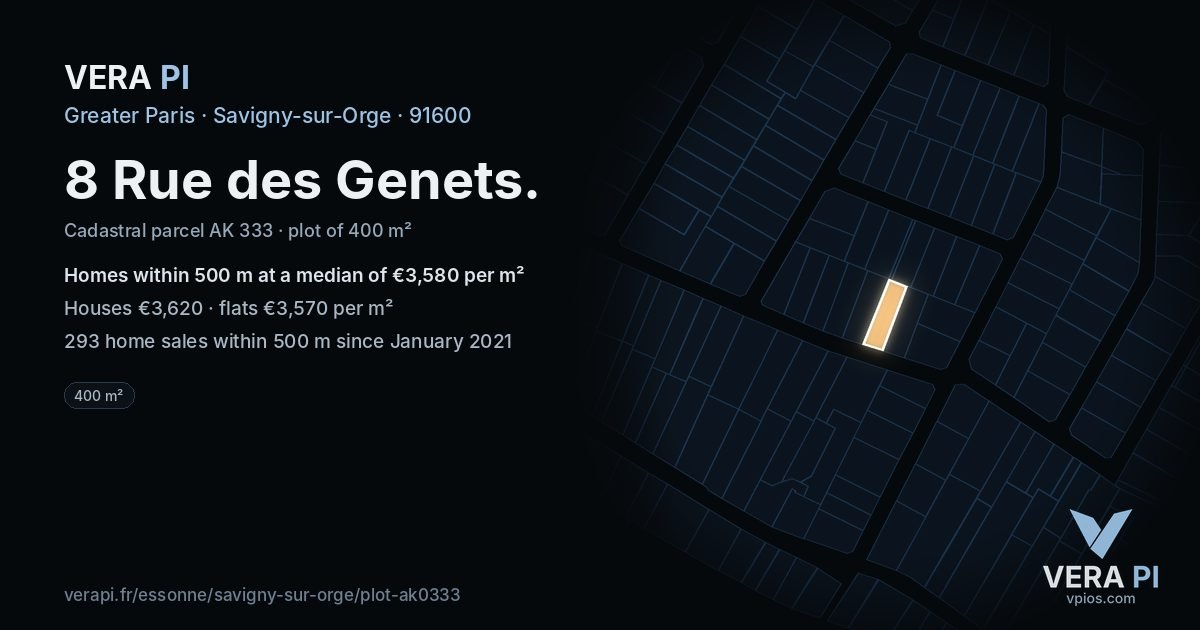 8 Rue des Genets, Savigny-sur-Orge at night – the plot lit, the parcels around coloured by the prices near them