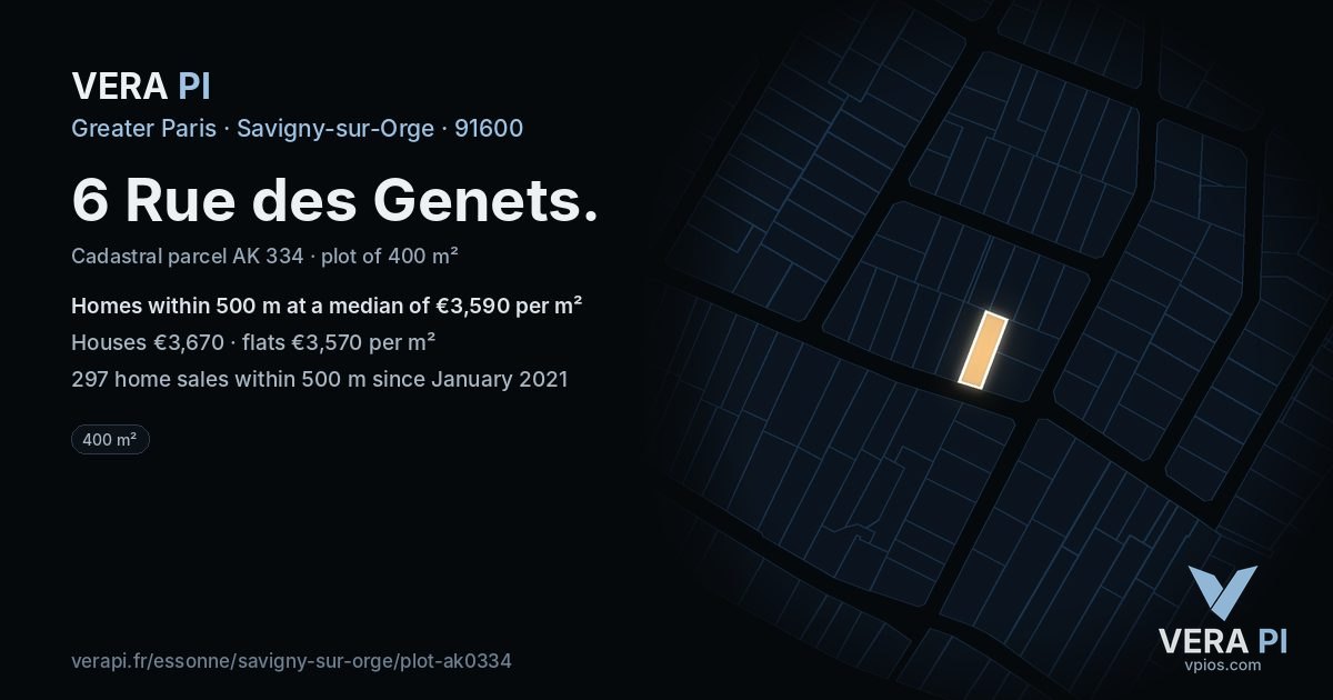6 Rue des Genets, Savigny-sur-Orge at night – the plot lit, the parcels around coloured by the prices near them
