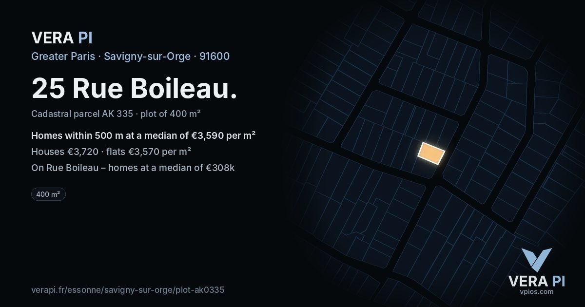 25 Rue Boileau, Savigny-sur-Orge at night – the plot lit, the parcels around coloured by the prices near them