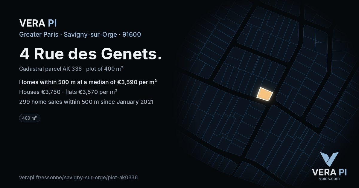 4 Rue des Genets, Savigny-sur-Orge at night – the plot lit, the parcels around coloured by the prices near them
