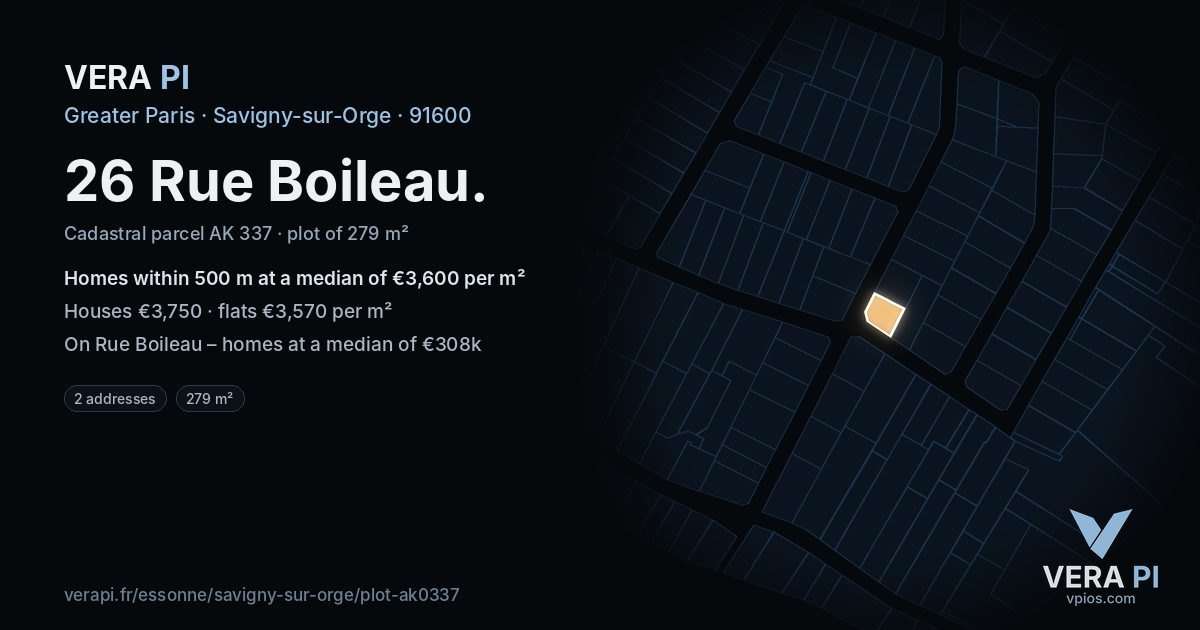 26 Rue Boileau, Savigny-sur-Orge at night – the plot lit, the parcels around coloured by the prices near them