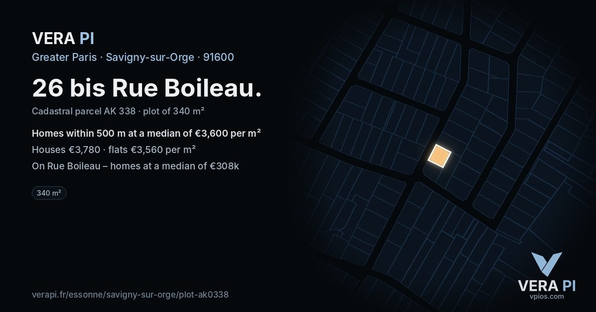 26 bis Rue Boileau, Savigny-sur-Orge at night – the plot lit, the parcels around coloured by the prices near them