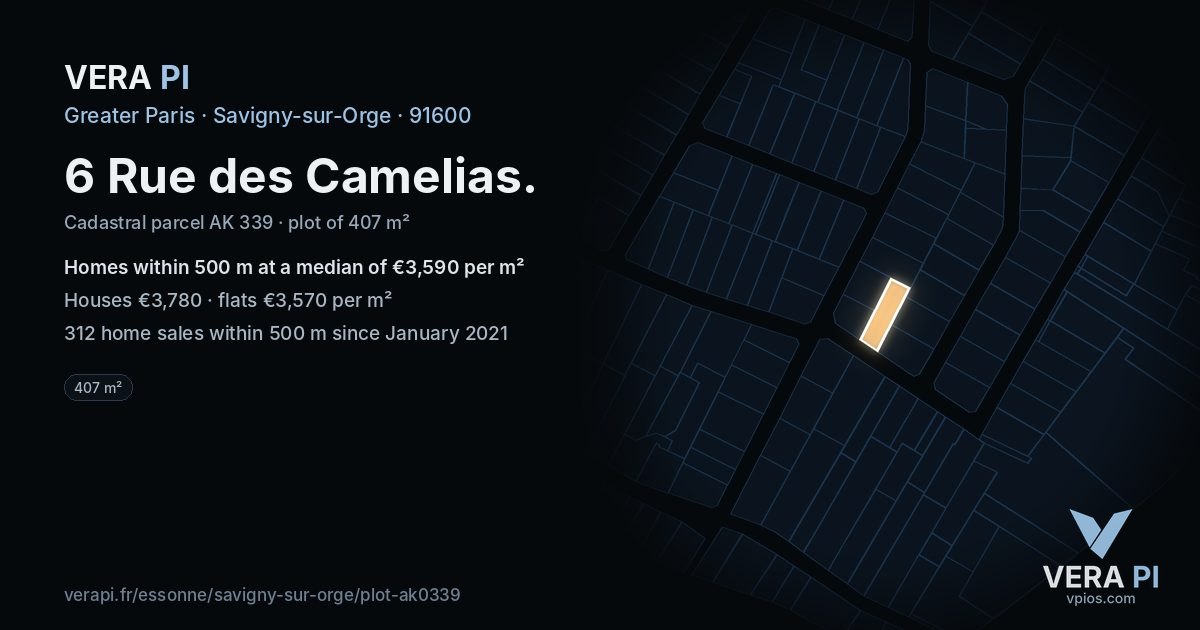 6 Rue des Camelias, Savigny-sur-Orge at night – the plot lit, the parcels around coloured by the prices near them