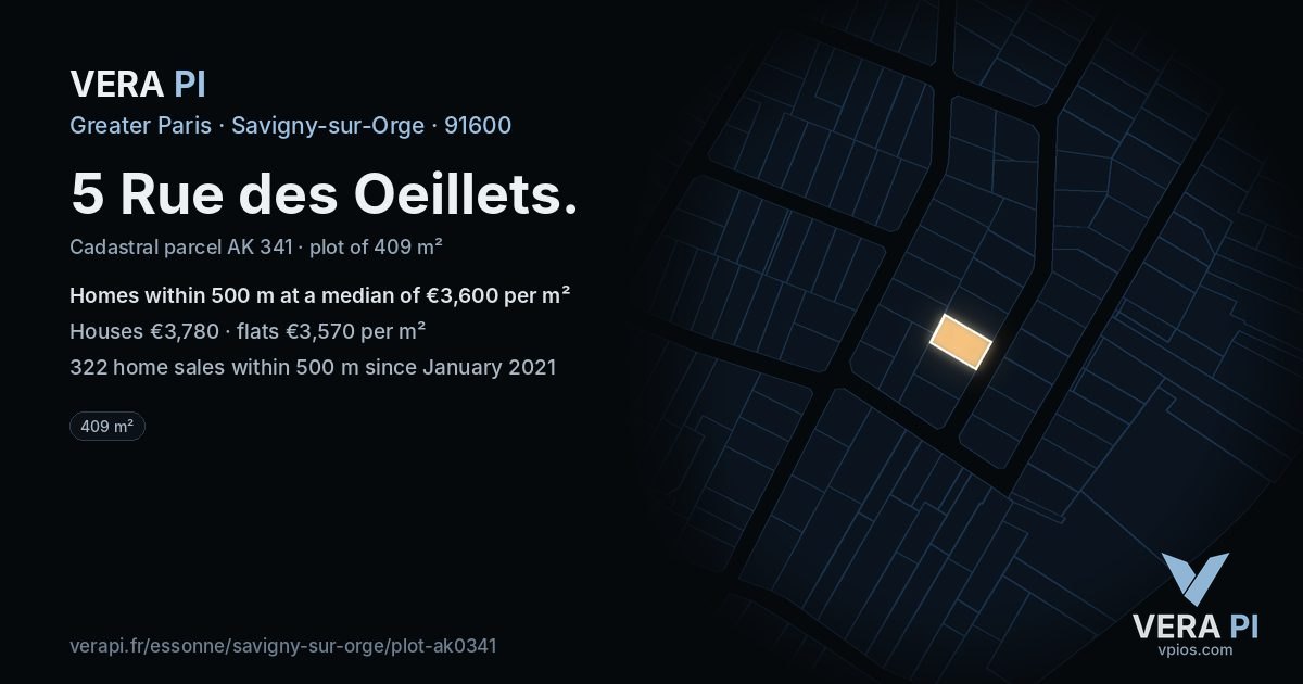 5 Rue des Oeillets, Savigny-sur-Orge at night – the plot lit, the parcels around coloured by the prices near them
